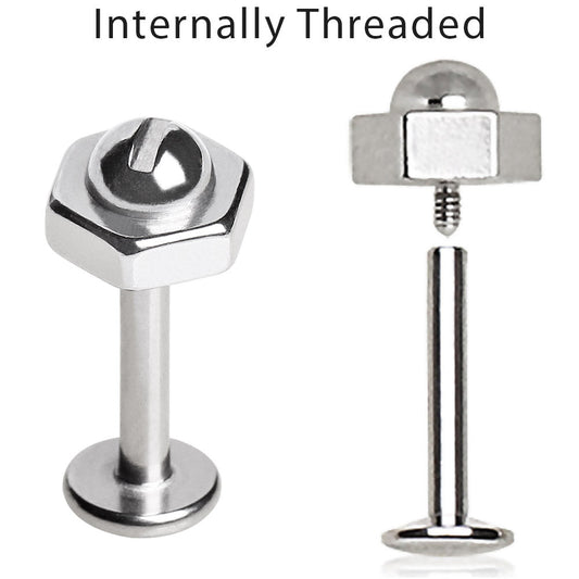 316L Stainless Steel Internally Threaded Bolt & Nut Top Labret - Skin Metals