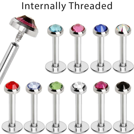316L Stainless Steel Internally Threaded Flat CZ Top Labret - Skin Metals