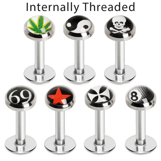 316L Stainless Steel Internally Threaded Flat Logo Top Labret - Skin Metals