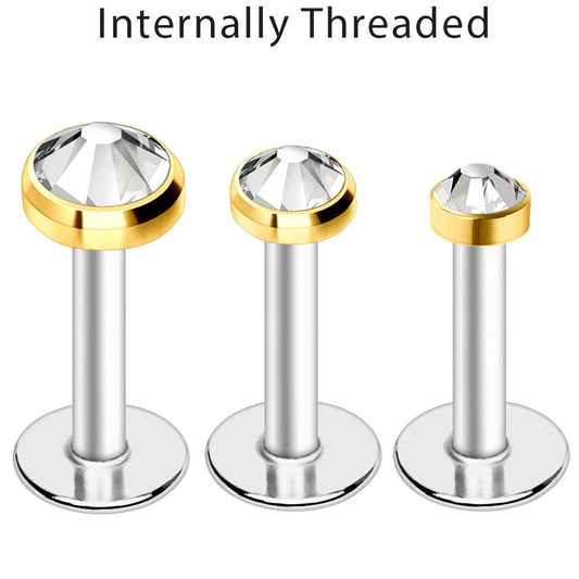 316L Stainless Steel Internally Threaded Gold Plated Flat CZ Top Labret - Skin Metals