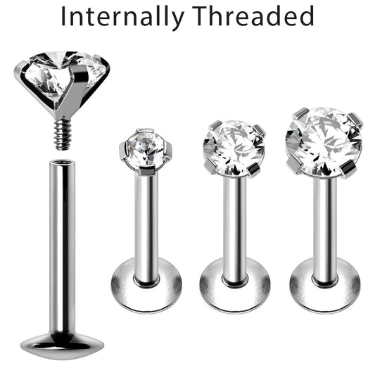 316L Stainless Steel Internally Threaded Prong Set CZ Labret - Skin Metals