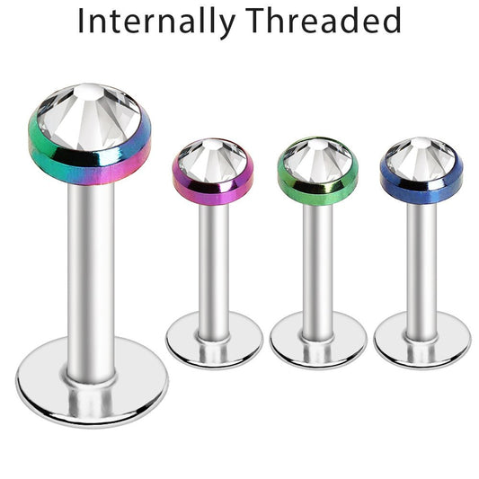 316L Stainless Steel Internally Threaded PVD Flat CZ Top Labret - Skin Metals