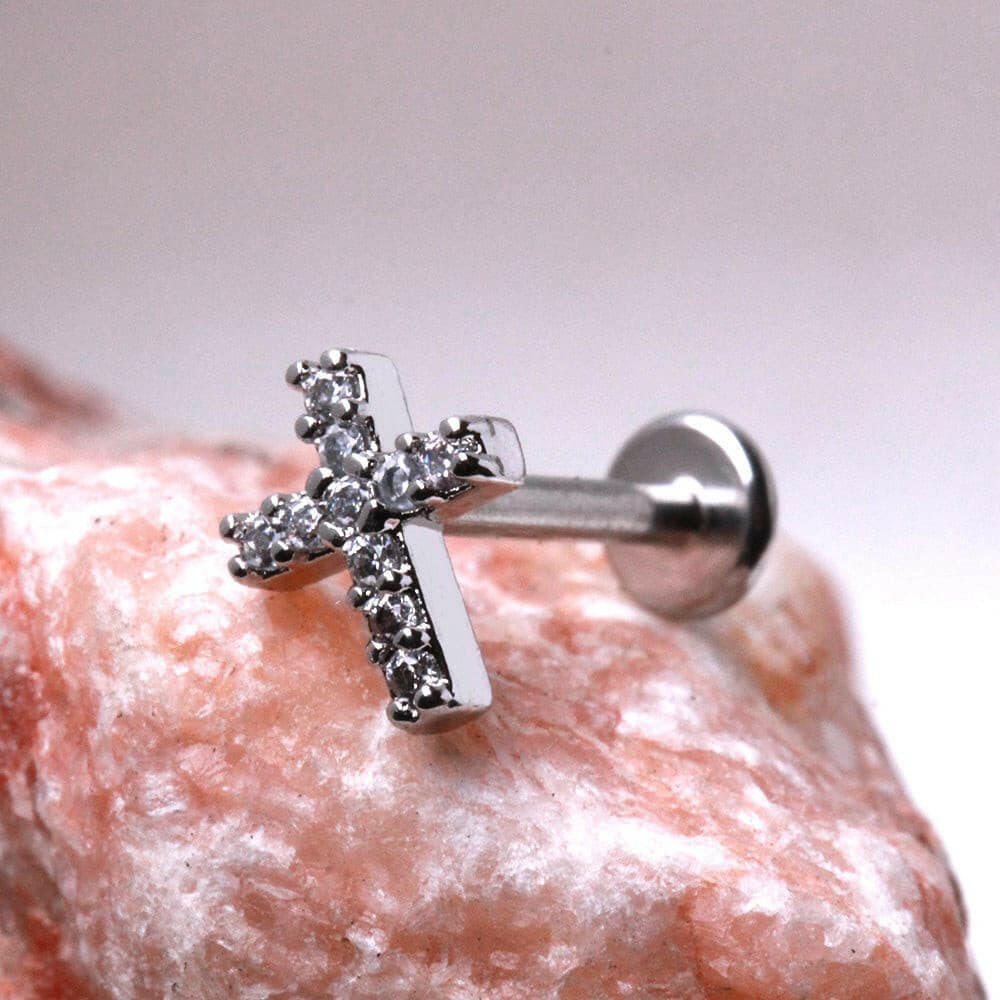 Stainless Steel Jeweled Cross Labret - Internally Threaded Labret Impulse Piercings