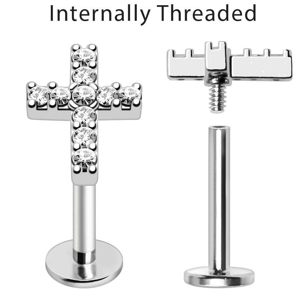 Stainless Steel Jeweled Cross Labret - Internally Threaded Labret Impulse Piercings