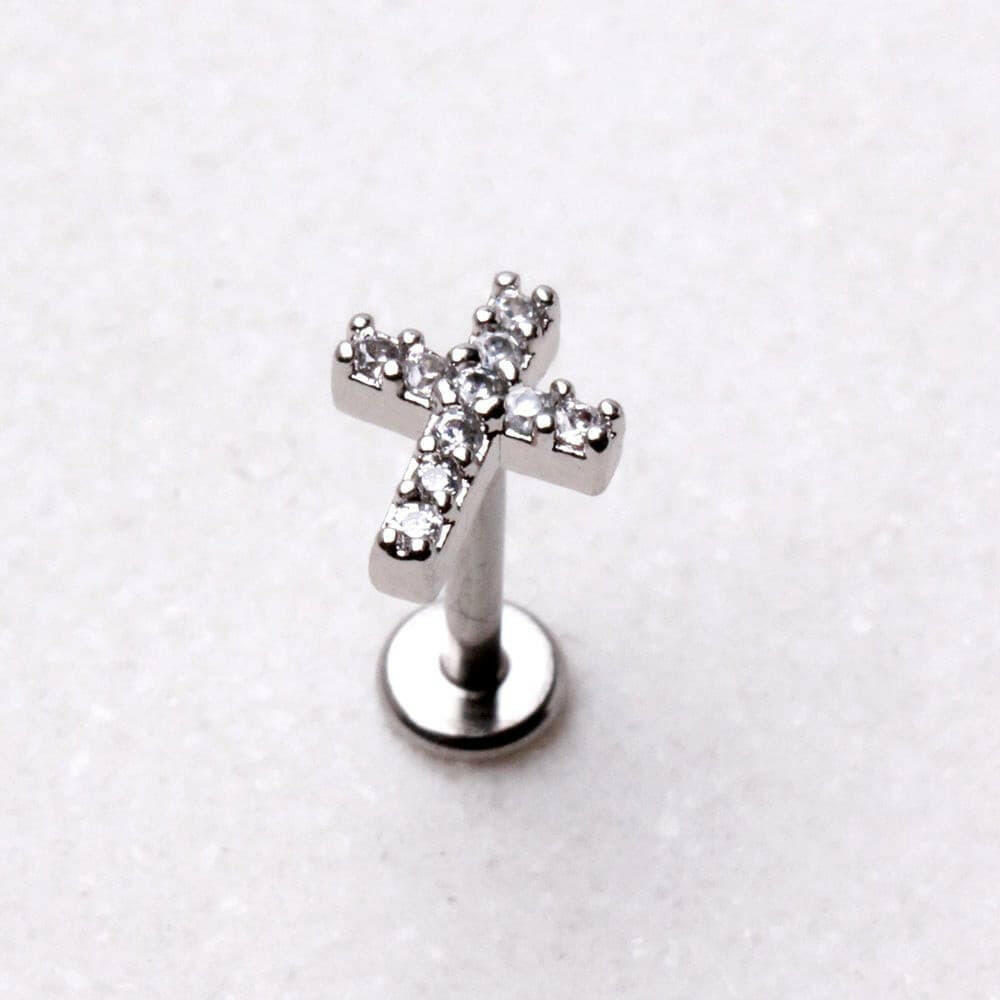 Stainless Steel Jeweled Cross Labret - Internally Threaded Labret Impulse Piercings