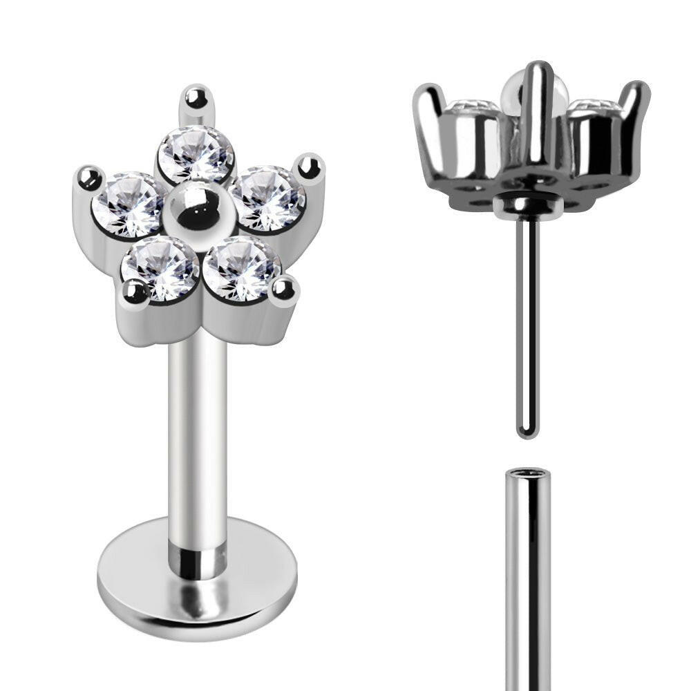 Stainless Steel Jeweled Flower Push In Labret Labret Impulse Piercings