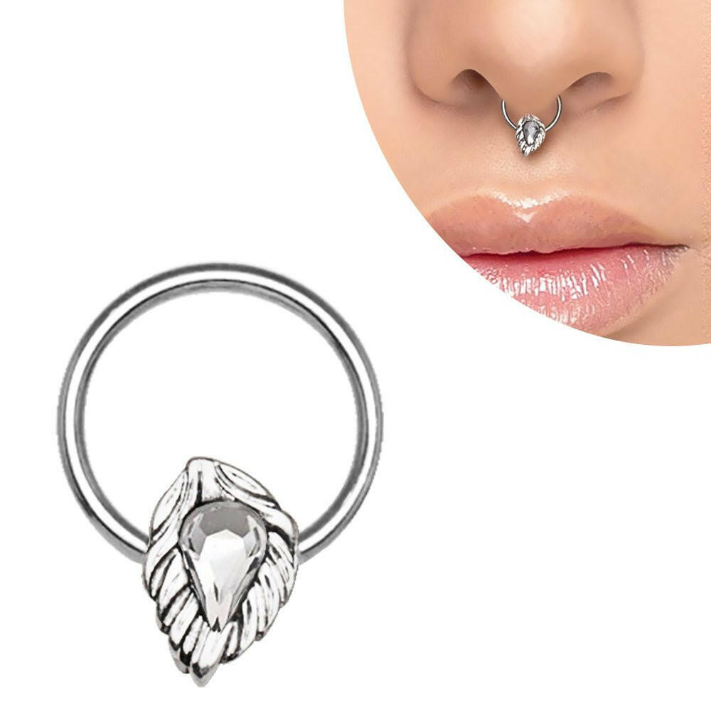 Stainless Steel Jeweled Leaf Captive Bead Ring / Septum Ring Captive Bead Impulse Piercings