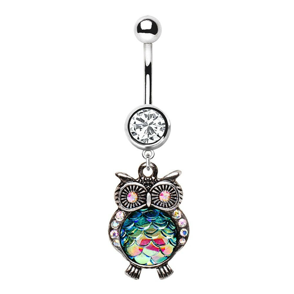 Stainless Steel Jeweled Rainbow Owl Dangle Navel Ring Navel Ring Impulse Piercings