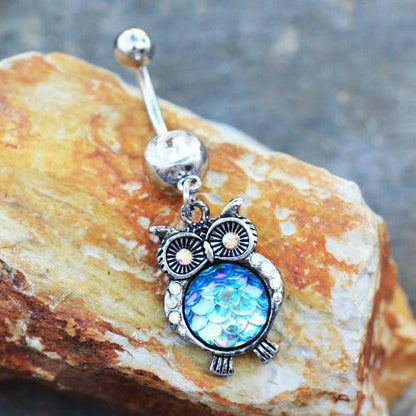 Stainless Steel Jeweled Rainbow Owl Dangle Navel Ring Navel Ring Impulse Piercings