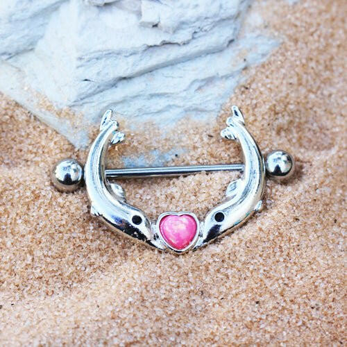 Stainless Steel Kissing Dolphins Nipple Jewelry with Heart Shaped Pink Synthetic Opal Nipple Ring Impulse Piercings