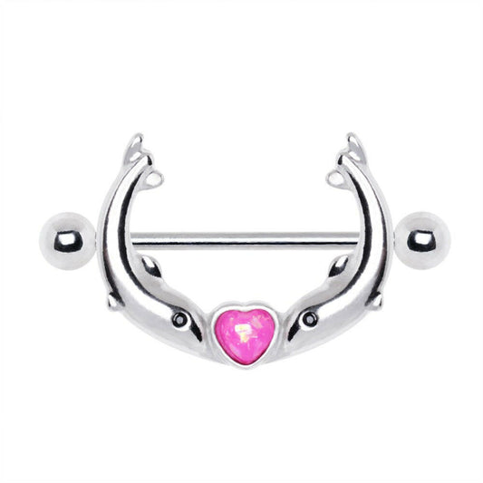 Stainless Steel Kissing Dolphins Nipple Jewelry with Heart Shaped Pink Synthetic Opal Nipple Ring Impulse Piercings