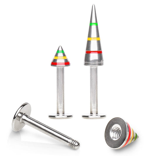 316L Stainless Steel Labret with 3-Striped Rasta Spike - Skin Metals