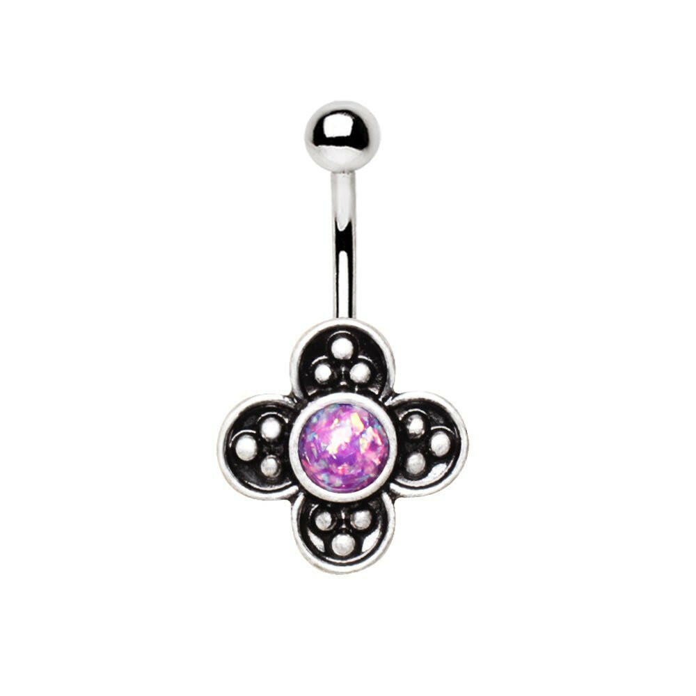 Stainless Steel Medieval Style Flower Navel Ring with Synthetic Opal Navel Ring Impulse Piercings Purple