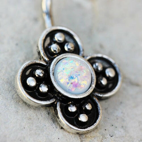 Stainless Steel Medieval Style Flower Navel Ring with Synthetic Opal Navel Ring Impulse Piercings