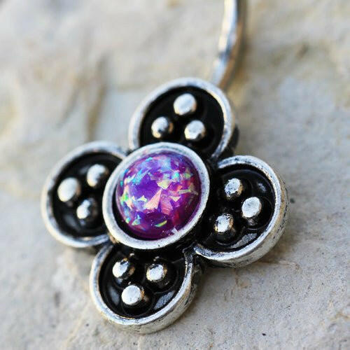 Stainless Steel Medieval Style Flower Navel Ring with Synthetic Opal Navel Ring Impulse Piercings