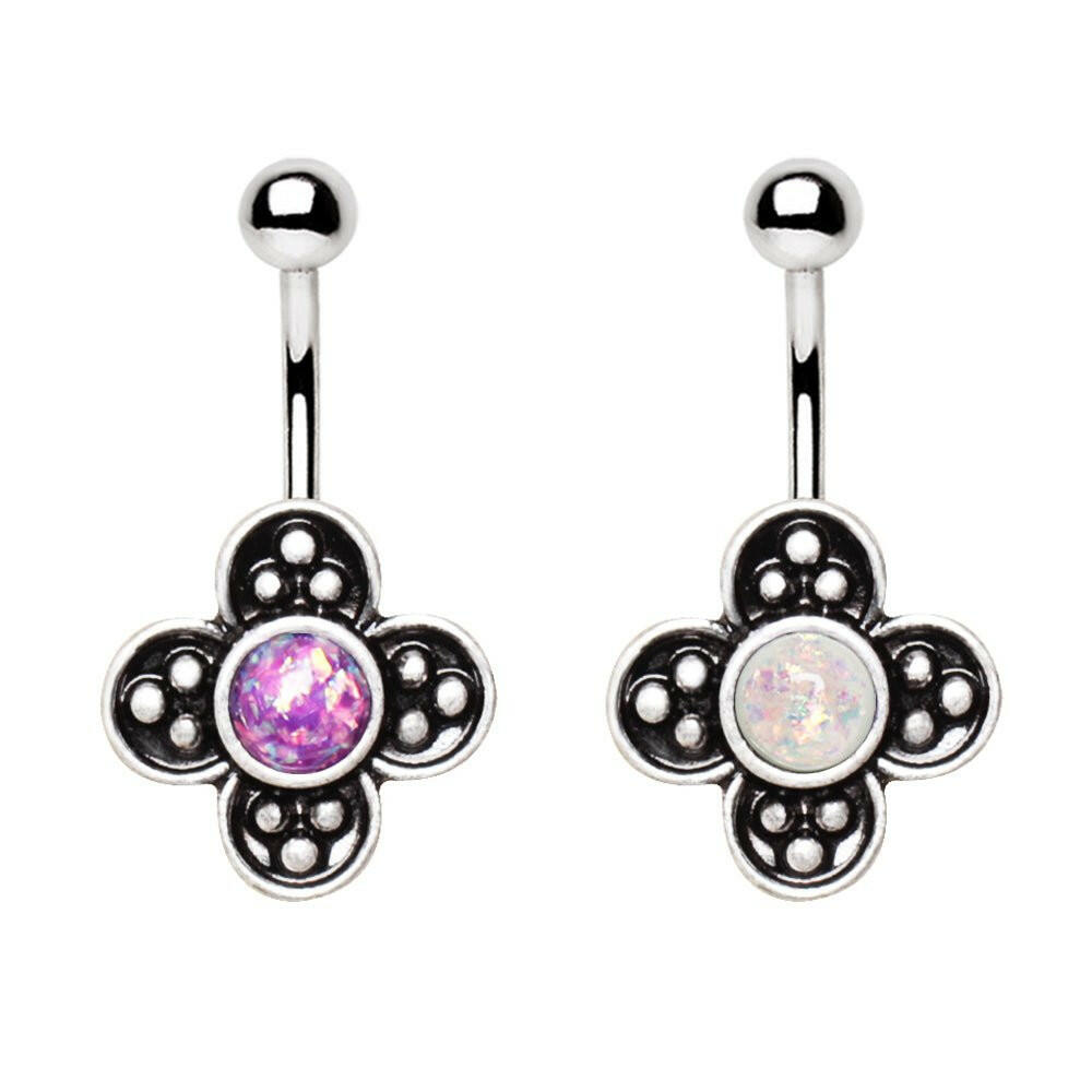 Stainless Steel Medieval Style Flower Navel Ring with Synthetic Opal Navel Ring Impulse Piercings