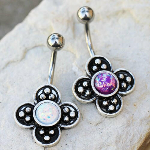 Stainless Steel Medieval Style Flower Navel Ring with Synthetic Opal Navel Ring Impulse Piercings