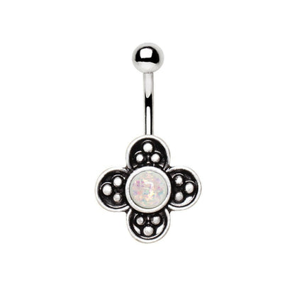 Stainless Steel Medieval Style Flower Navel Ring with Synthetic Opal Navel Ring Impulse Piercings White