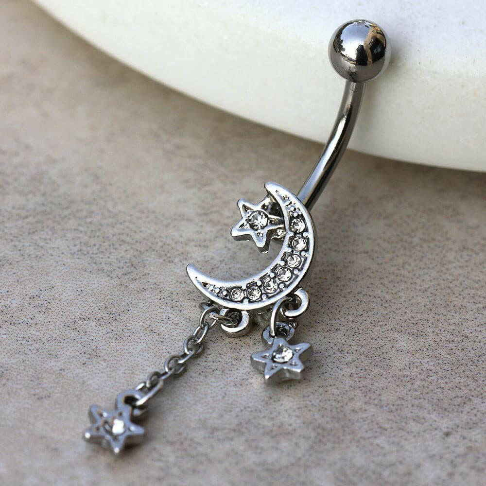 Stainless Steel Moon and Stars Dangle Navel Ring Navel Ring Impulse Piercings