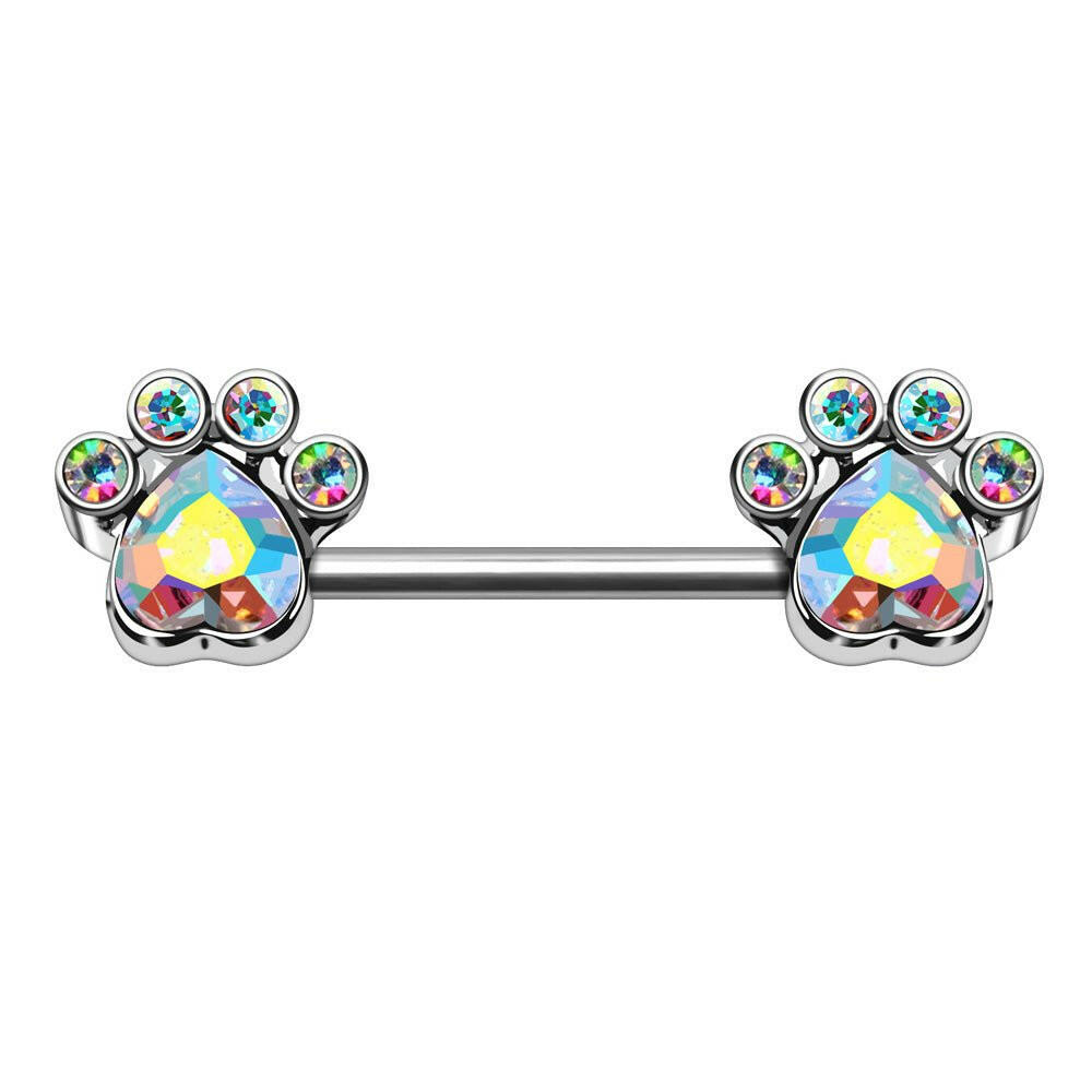 Stainless Steel Multi Aurora Borealis CZ Dog Paw Nipple Bar Nipple Ring Impulse Piercings