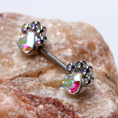 Stainless Steel Multi Aurora Borealis CZ Dog Paw Nipple Bar Nipple Ring Impulse Piercings