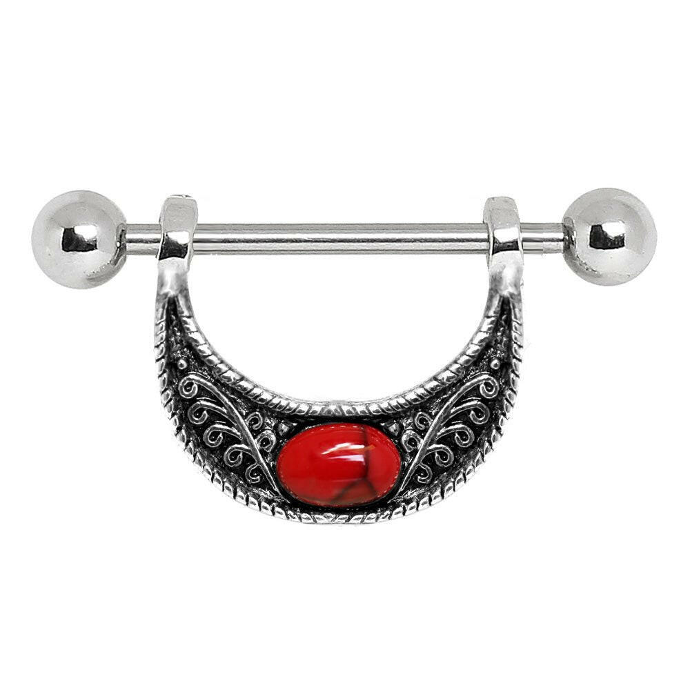 Stainless Steel Nipple Ring with Red Turquoise Accented Crescent Moon Nipple Ring Impulse Piercings