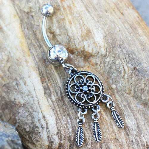 Stainless Steel Ornate Dream Catcher Dangle Navel Ring Navel Ring Impulse Piercings