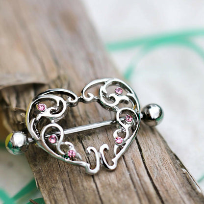 Stainless Steel Ornate Pink Heart Nipple Shield Nipple Ring Impulse Piercings