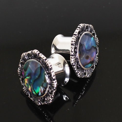 316L Stainless Steel Ornate Plug with Natural Abalone Inlay — Sold as Pair