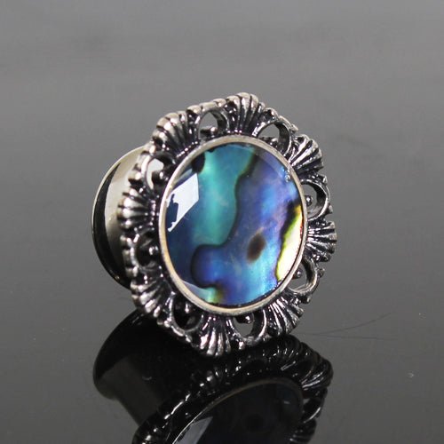 316L Stainless Steel Ornate Plug with Natural Abalone Inlay — Sold as Pair