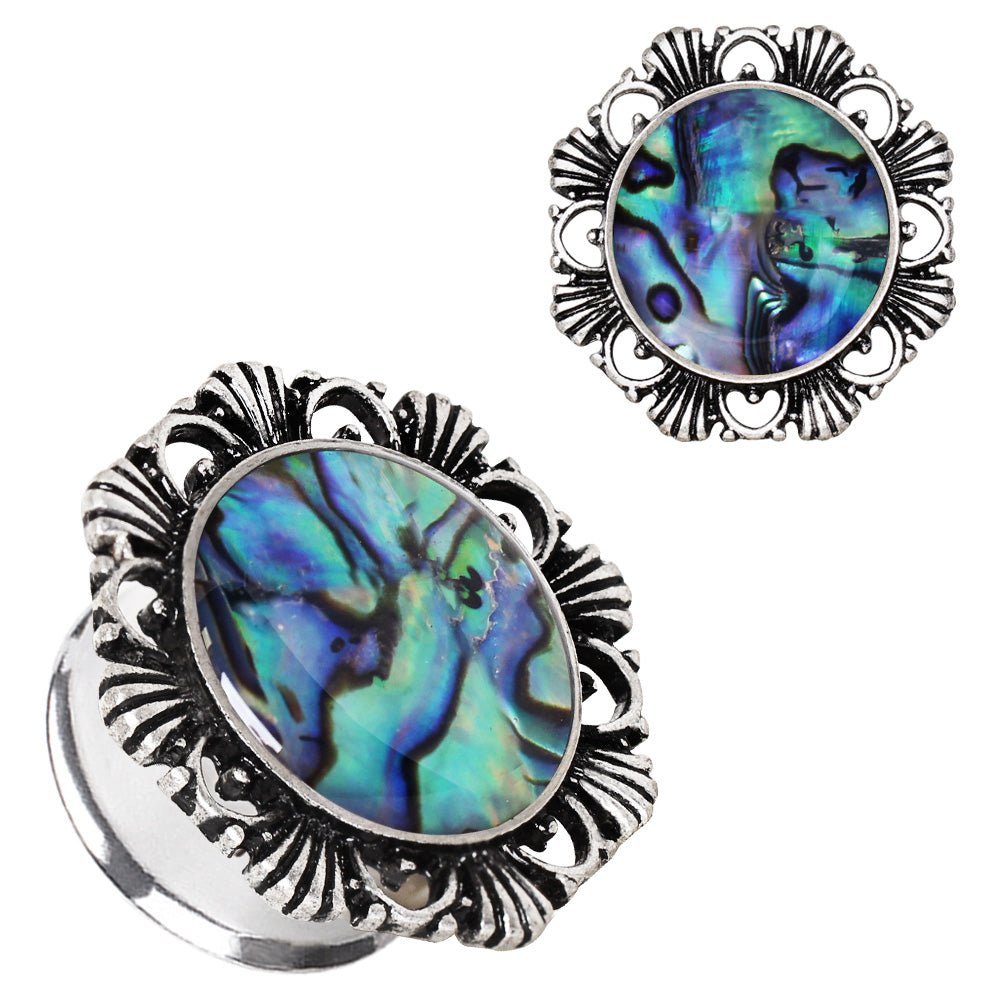 316L Stainless Steel Ornate Plug with Natural Abalone Inlay — Sold as Pair
