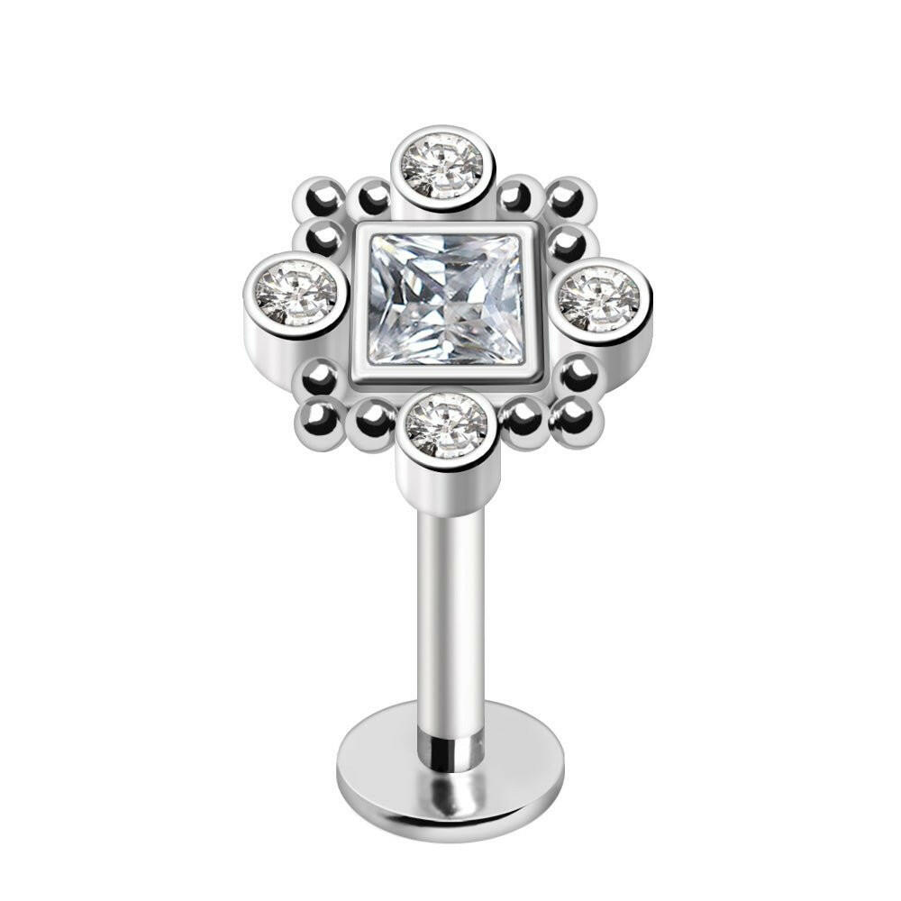 Stainless Steel Ornate Square CZ Labret Labret Impulse Piercings