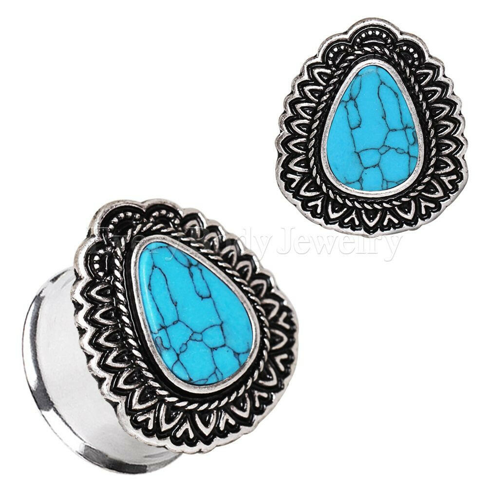 Stainless Steel Ornate Teardrop Plug with Turquoise Inlay Plugs Impulse Piercings 0GA