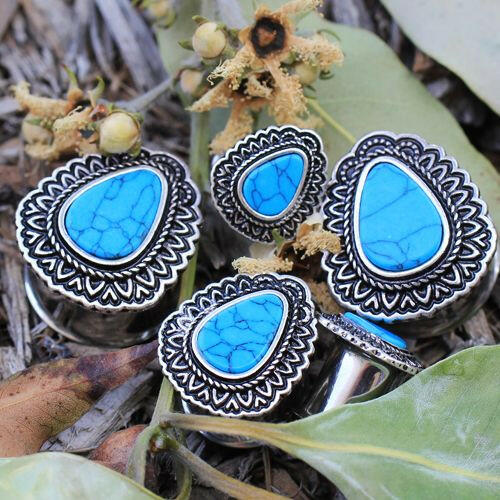 Stainless Steel Ornate Teardrop Plug with Turquoise Inlay Plugs Impulse Piercings