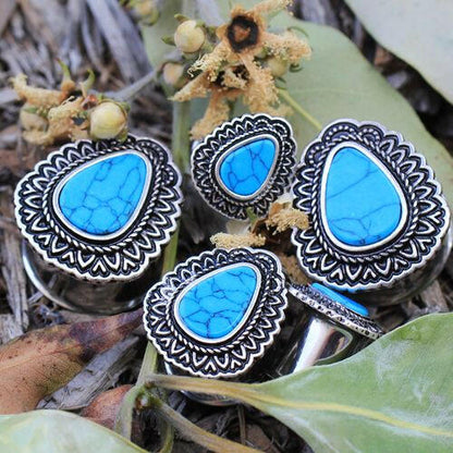 Stainless Steel Ornate Teardrop Plug with Turquoise Inlay Plugs Impulse Piercings