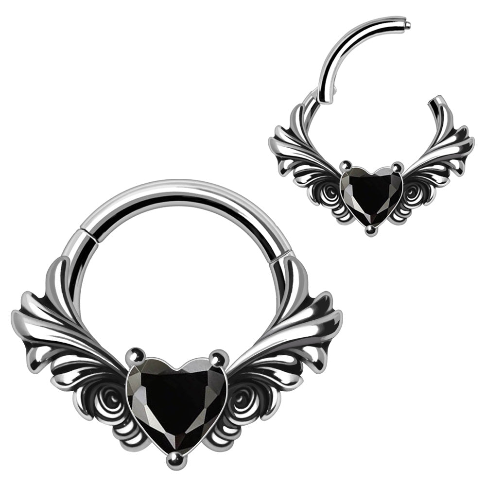 316L Stainless Steel Ornate Vintage Black CZ Clicker Ring - Skin Metals