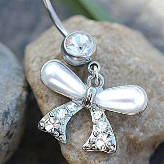 Stainless Steel Pearl Bow Tie Dangle Navel Ring Navel Ring Impulse Piercings