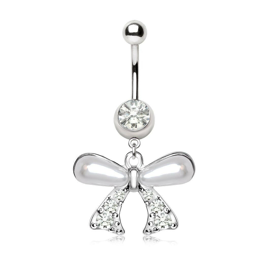 Stainless Steel Pearl Bow Tie Dangle Navel Ring Navel Ring Impulse Piercings