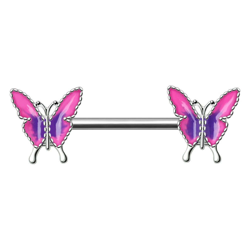 Stainless Steel Pink Butterfly Nipple Bar Nipple Ring Impulse Piercings