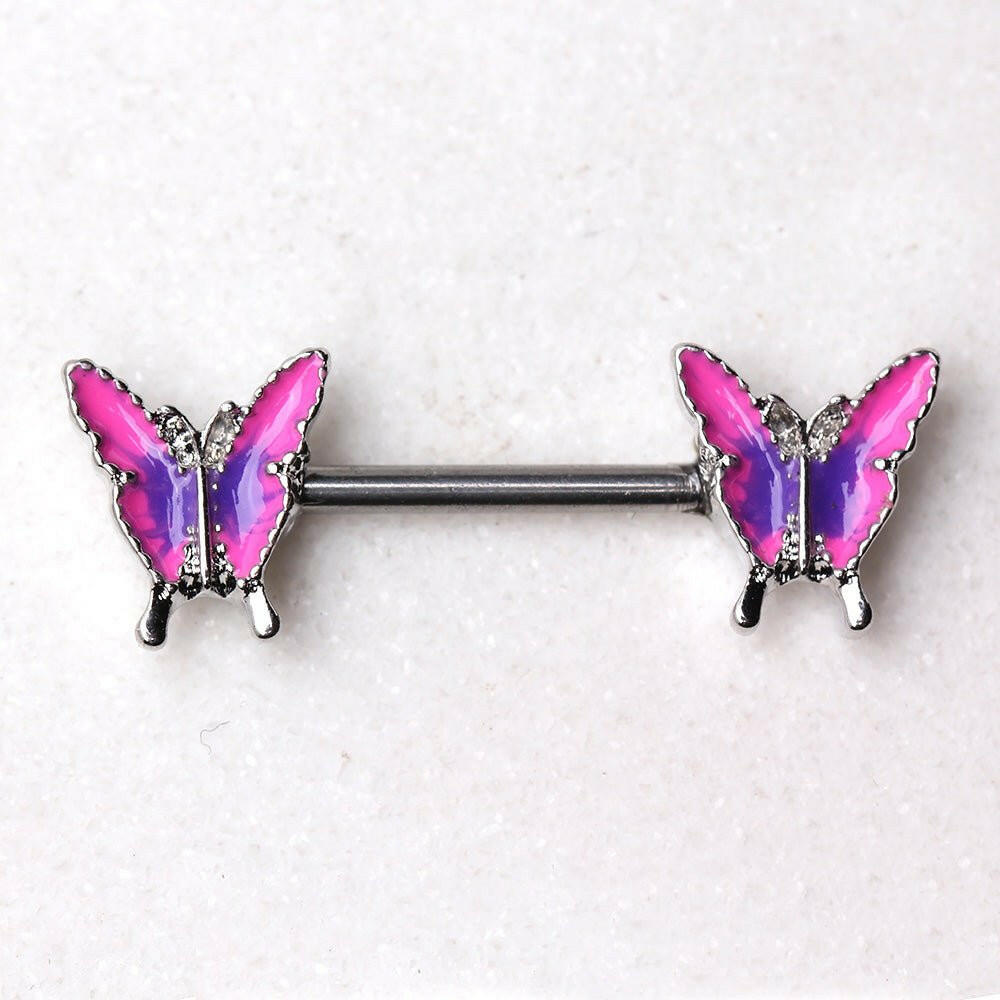 Stainless Steel Pink Butterfly Nipple Bar Nipple Ring Impulse Piercings