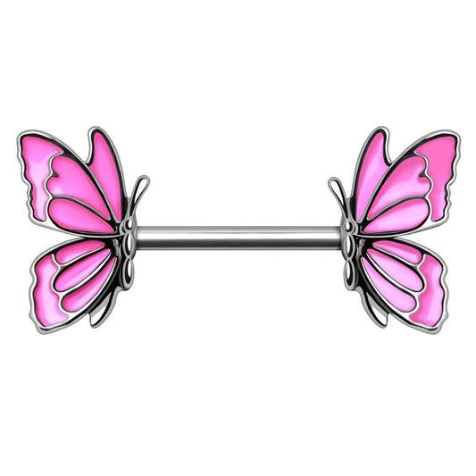 316L Stainless Steel Pink Butterfly Nipple Bar — Sold as Pair