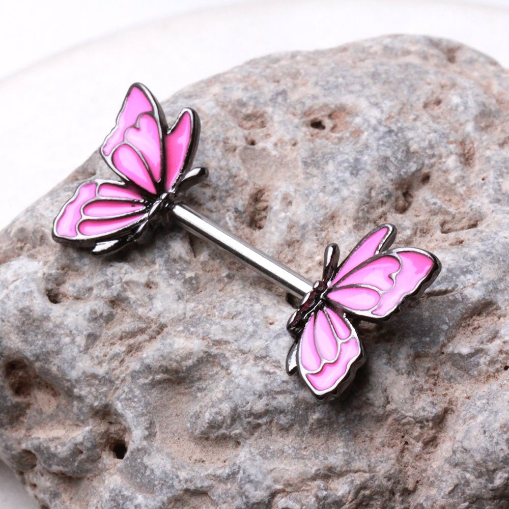 316L Stainless Steel Pink Butterfly Nipple Bar — Sold as Pair