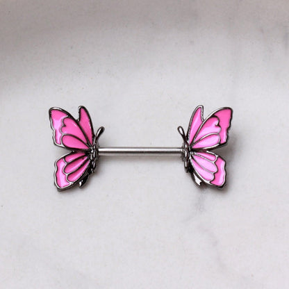 316L Stainless Steel Pink Butterfly Nipple Bar — Sold as Pair