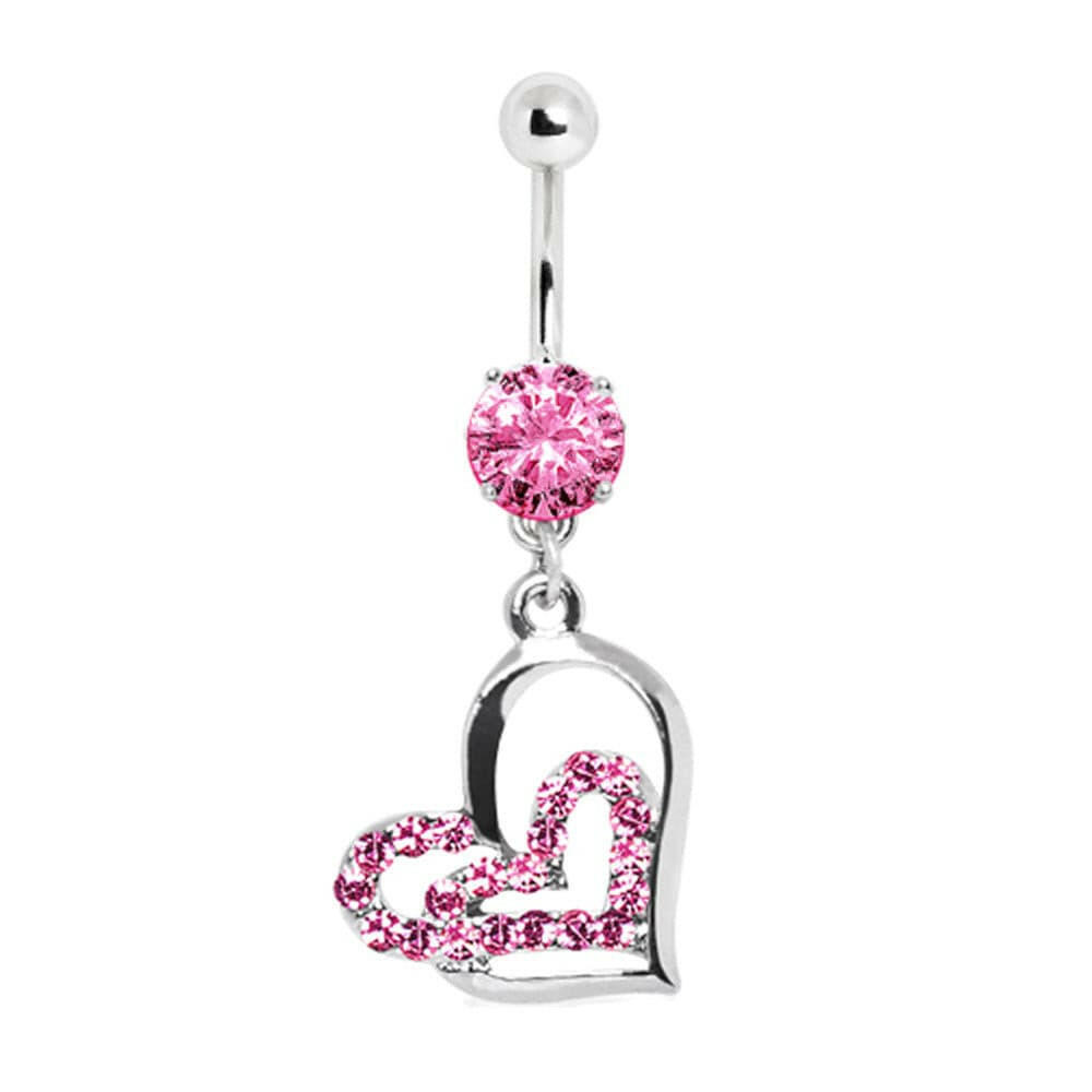 Stainless Steel Pink Double Heart Dangle Navel Ring Navel Ring Impulse Piercings