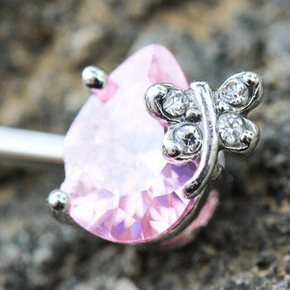 Stainless Steel Pink Teardrop with Butterfly Nipple Bar Nipple Ring Impulse Piercings