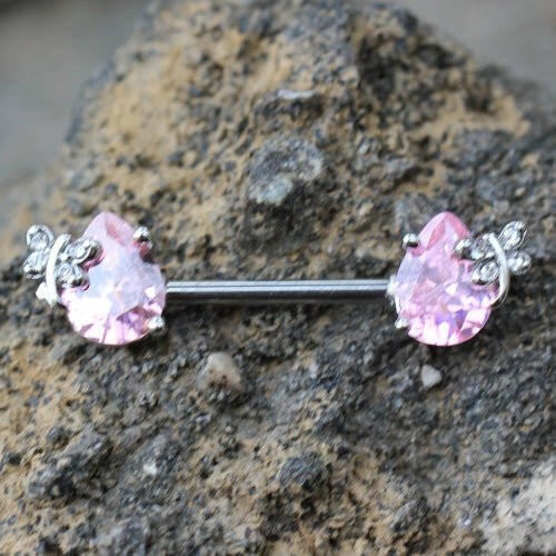 Stainless Steel Pink Teardrop with Butterfly Nipple Bar Nipple Ring Impulse Piercings