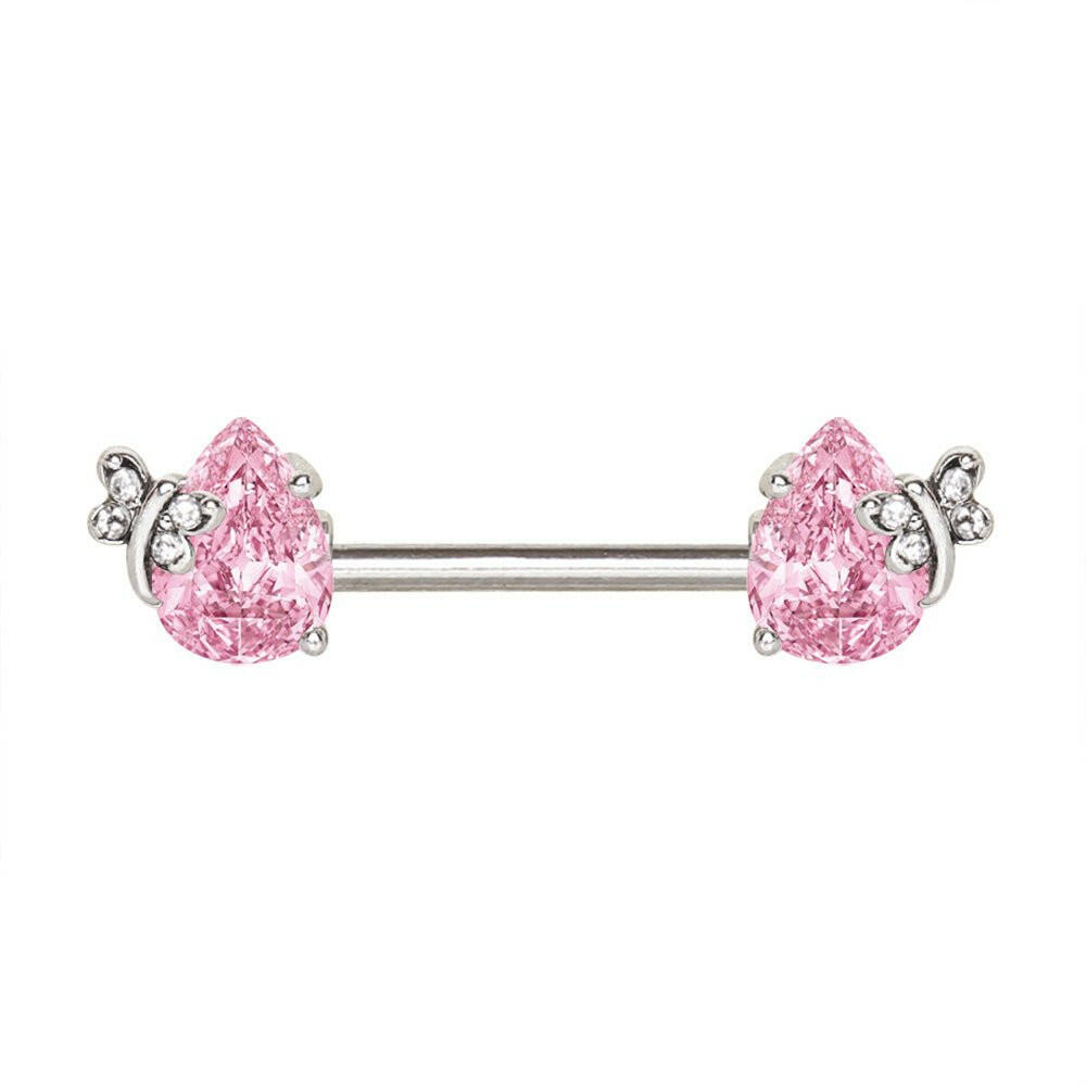 Stainless Steel Pink Teardrop with Butterfly Nipple Bar Nipple Ring Impulse Piercings