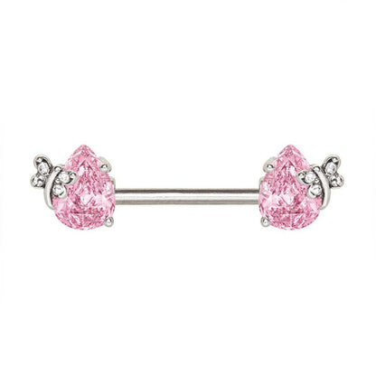 Stainless Steel Pink Teardrop with Butterfly Nipple Bar Nipple Ring Impulse Piercings