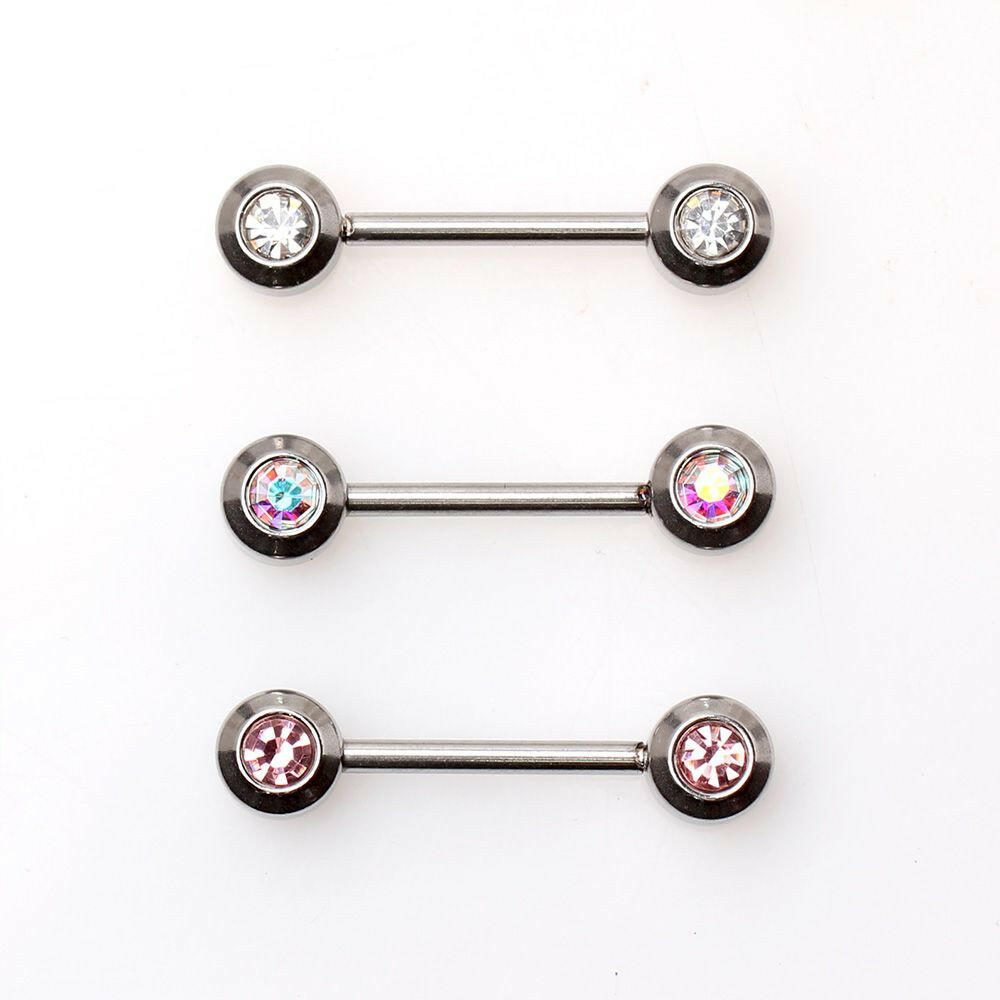 Stainless Steel Press Fit CZ Flat Cylinder Ball Nipple Bar Nipple Ring Impulse Piercings