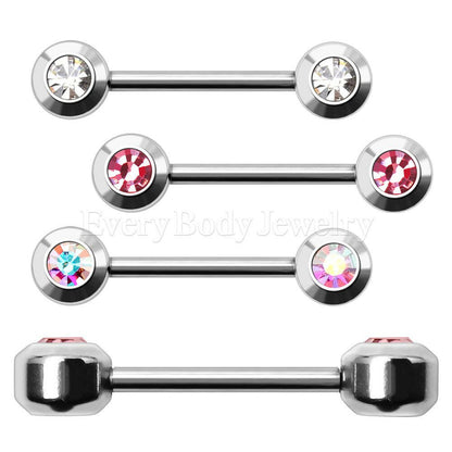 Stainless Steel Press Fit CZ Flat Cylinder Ball Nipple Bar Nipple Ring Impulse Piercings Aurora Borealis